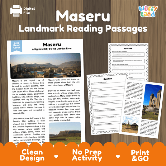 Maseru landmark reading passage and comprehension worksheet educational unit featuring nonfiction text and authentic Maseru Lesotho highland photography