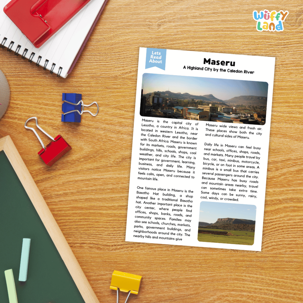 Lined reading comprehension question worksheet covering main ideas vocabulary terms and landmark facts about Maseru Lesotho