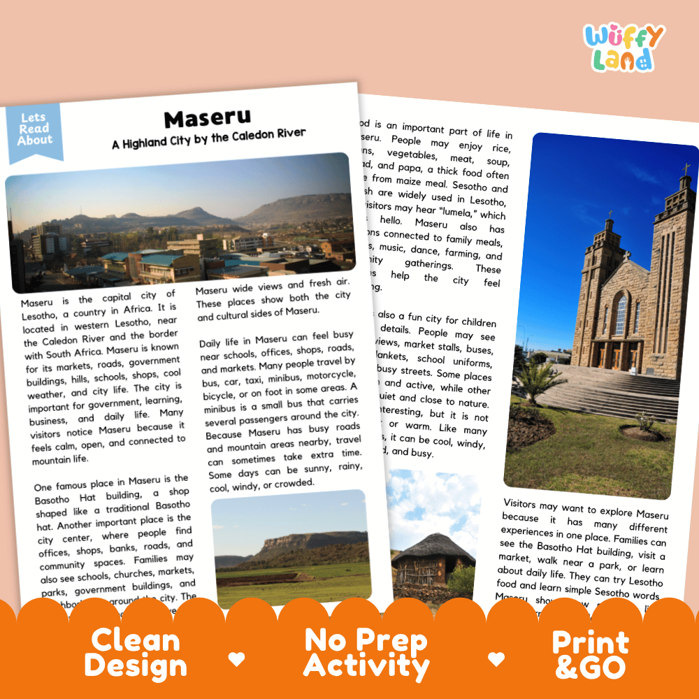 Reference sheet and answer key for Maseru landmark reading passage displaying completed comprehension answers and African geography facts