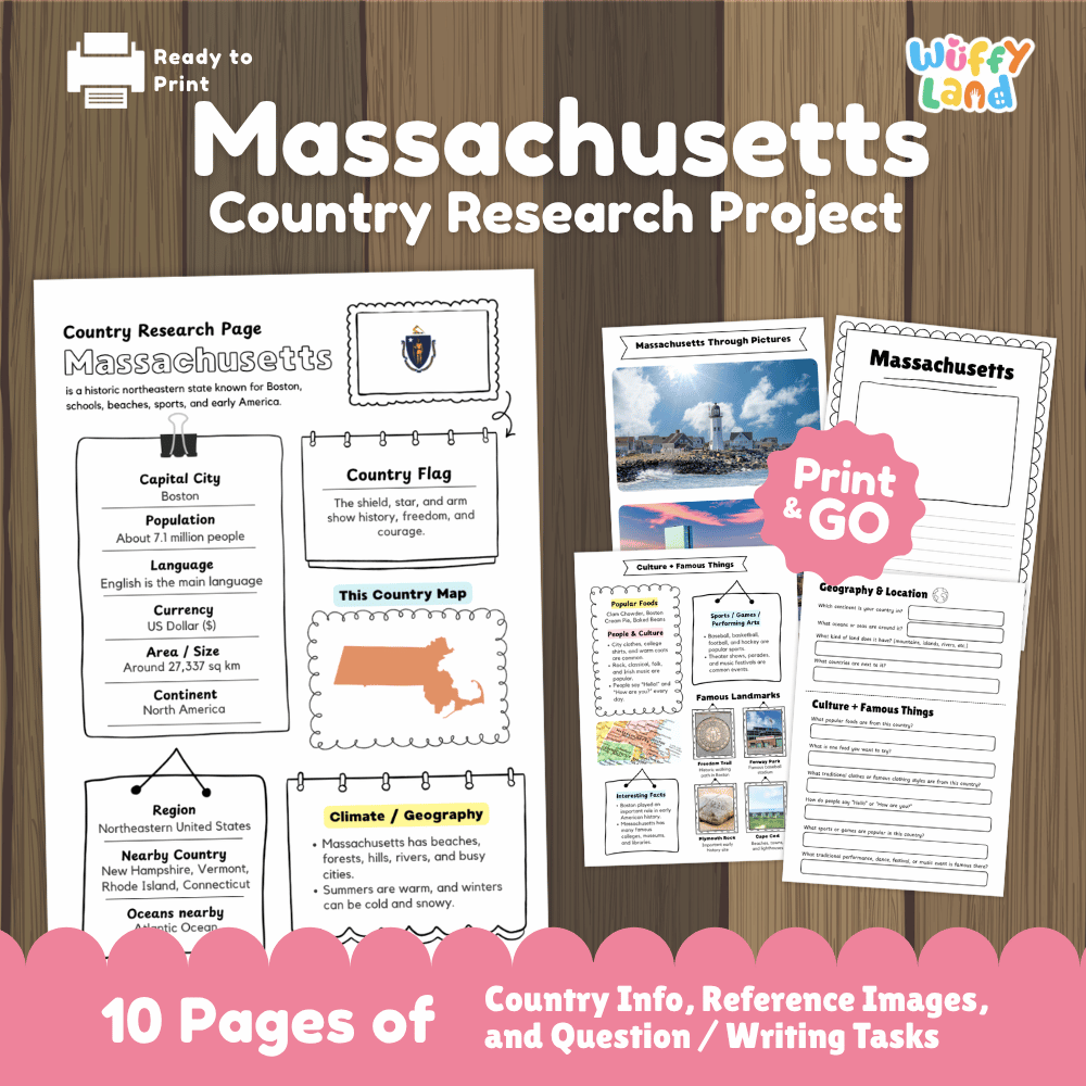 Massachusetts Country Research Project Worksheets and Activity Pages