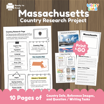 Massachusetts Country Research Project Worksheets and Activity Pages