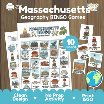 Massachusetts Geography BINGO Game The Bay State Activity Printable Boards