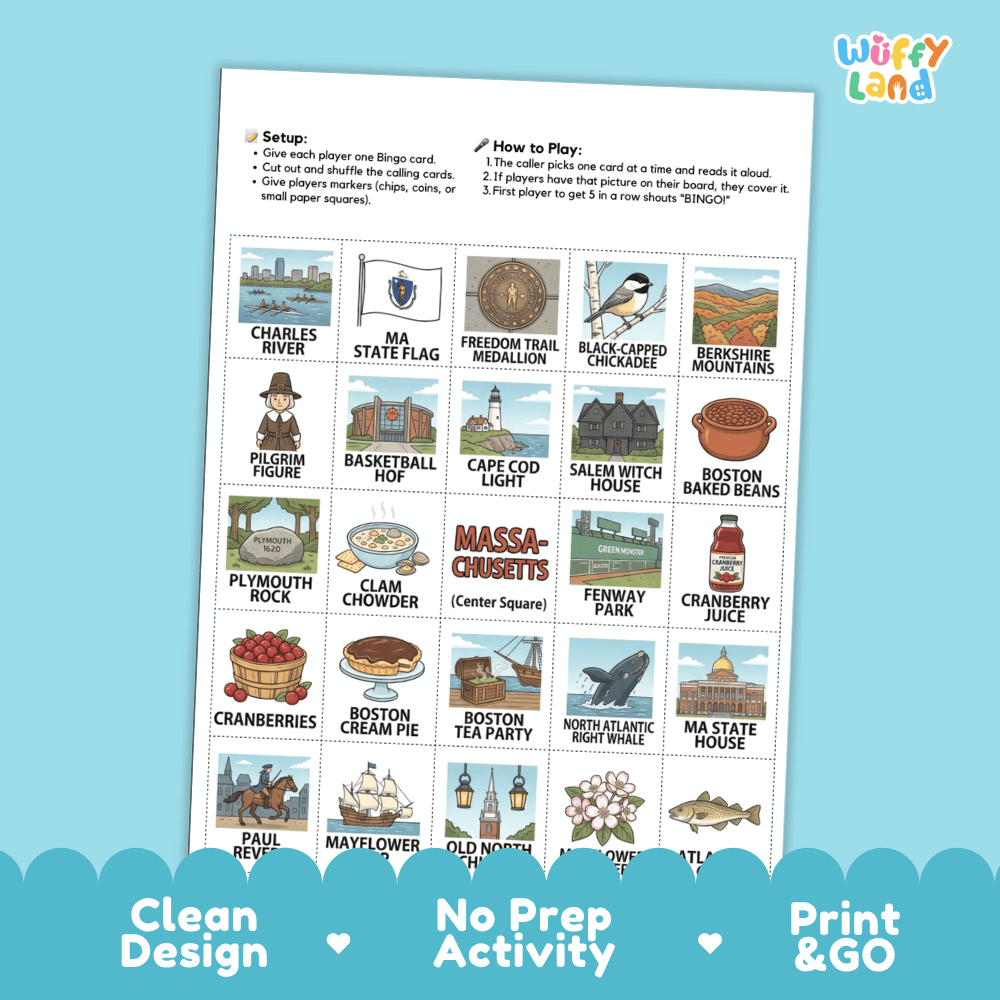 Massachusetts Geography BINGO Game The Bay State Activity Printable Boards