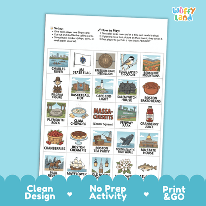 Massachusetts Geography BINGO Game The Bay State Activity Printable Boards
