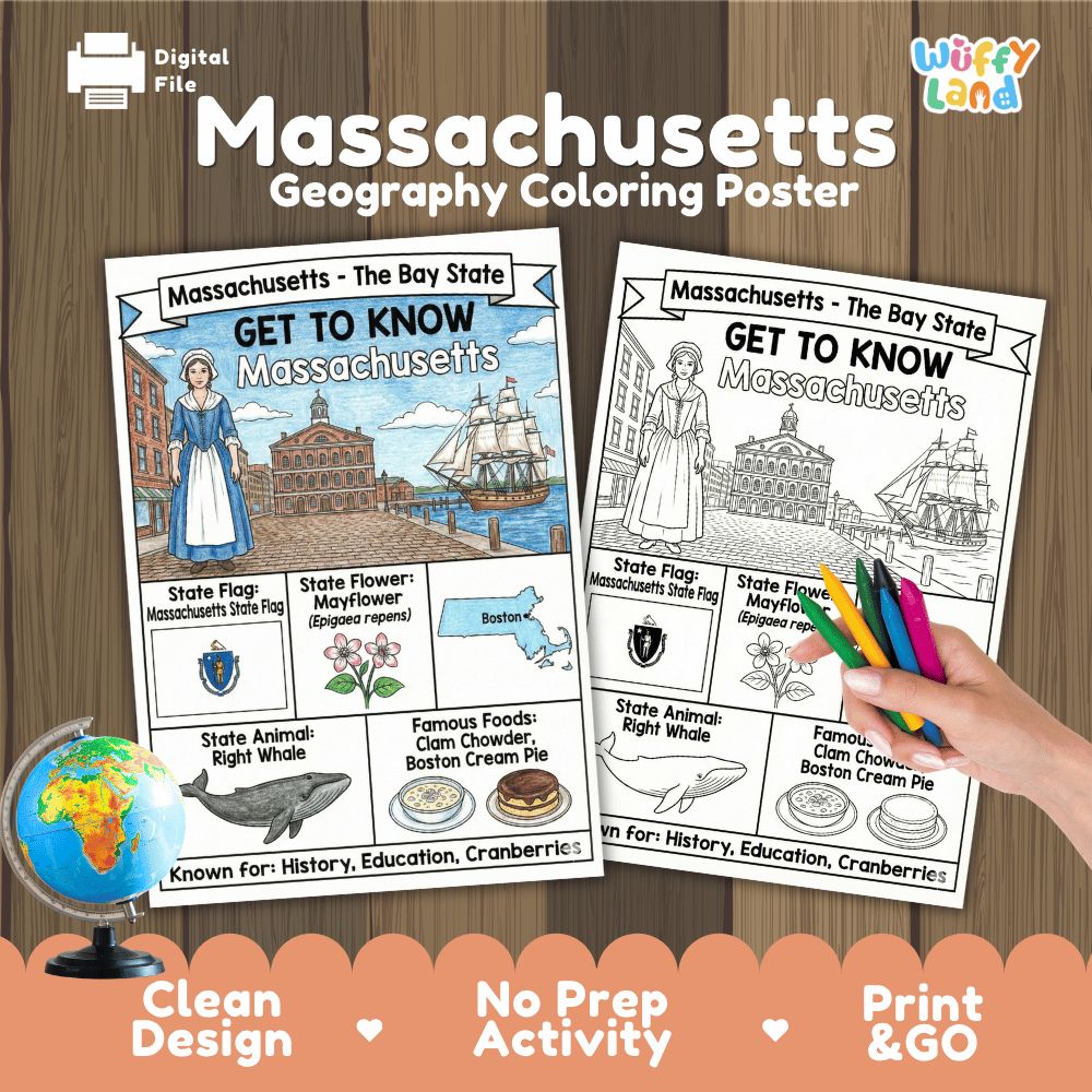 Massachusetts Geography Coloring Poster Worksheets