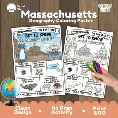 Massachusetts Geography Coloring Poster Worksheets