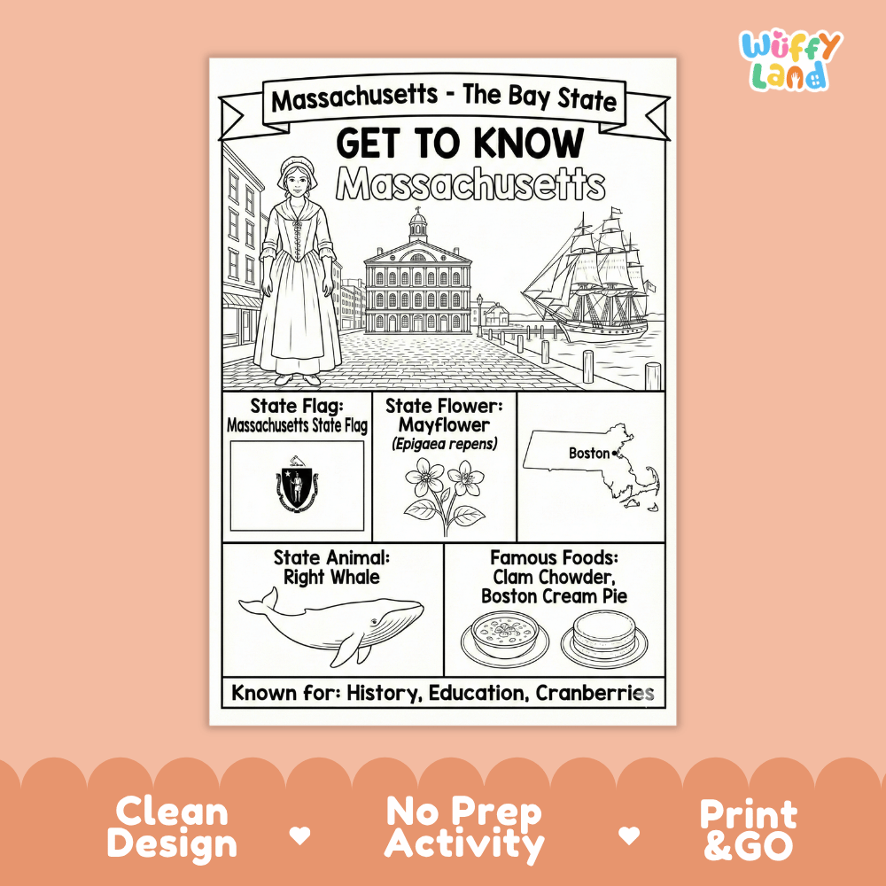 Massachusetts Geography Coloring Poster Worksheets