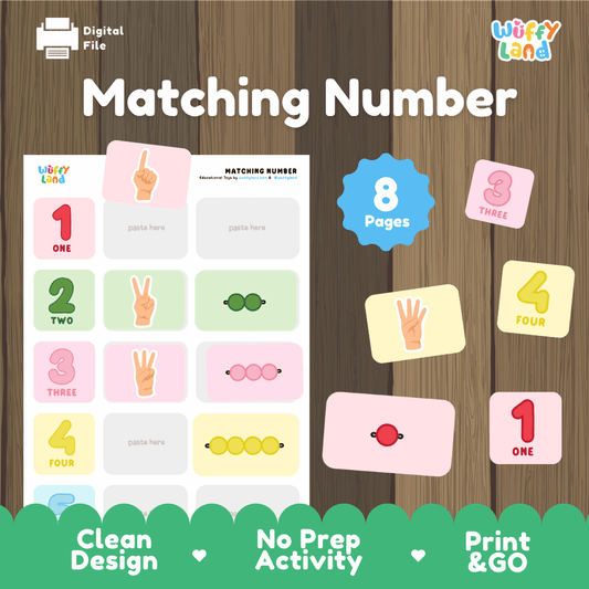 Matching Number 8-page printable math activity set overview featuring Montessori bead bars, finger counting cards, and number matching worksheets from Wuffy Land 🔢🖐️