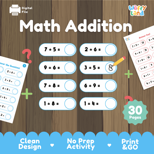 Math addition worksheets 30-page printable pack overview from Wuffy Land featuring addition equation capsules, pencil illustration, and answer key