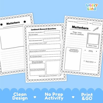 Three printable worksheet pages for Mont Blanc displayed on a light blue background with decorative text at the bottom. The sheets include writing prompts, labeled sections, and drawing boxes.
