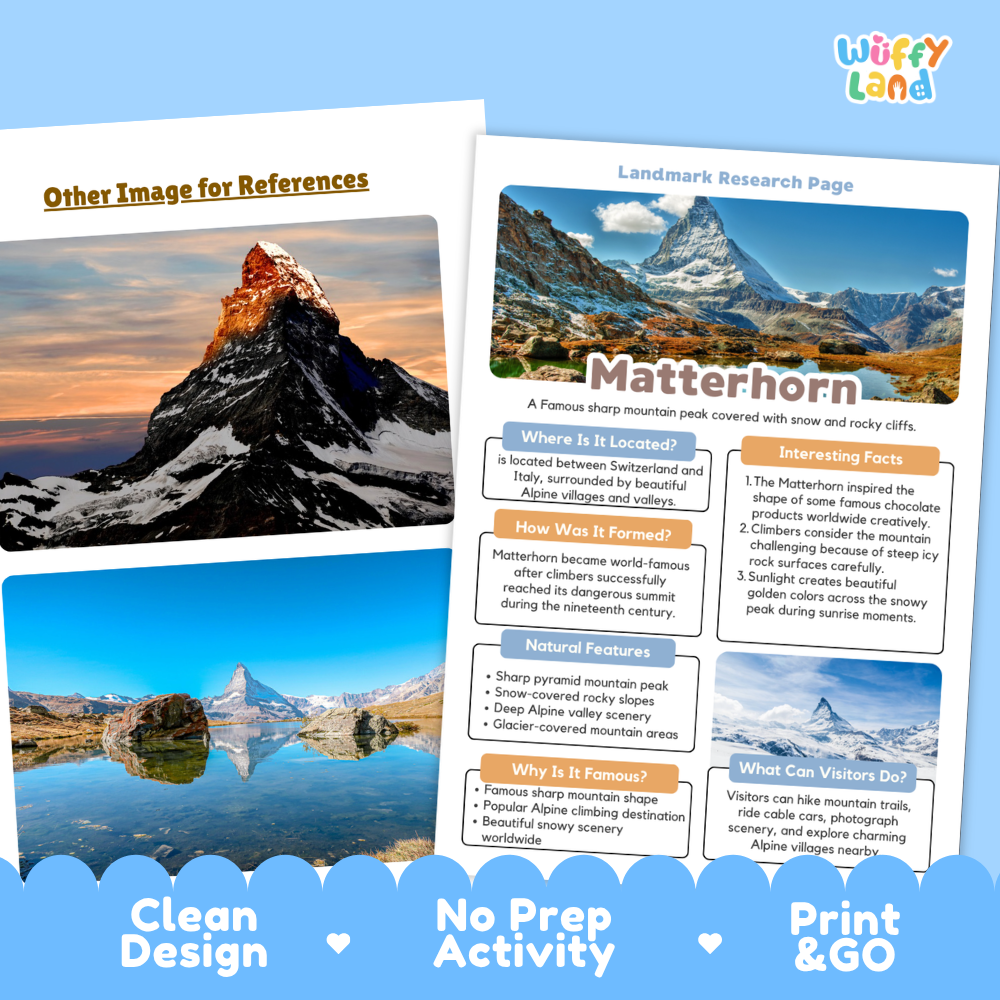 Two printed educational poster sheets about Matterhorn displayed on a white background with decorative blue banner graphics at the bottom. The sheets show mountain photographs, text sections, and a clean designed layout.