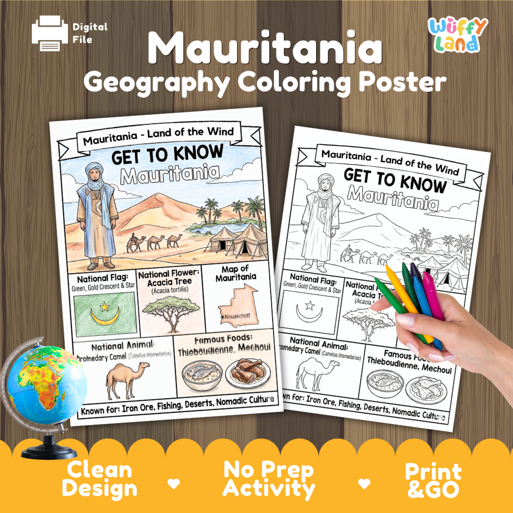 Get to know Mauritania coloring poster paired with photo flashcards of Chinguetti, Ben Amira monolith, Thieboudienne, and Nouakchott