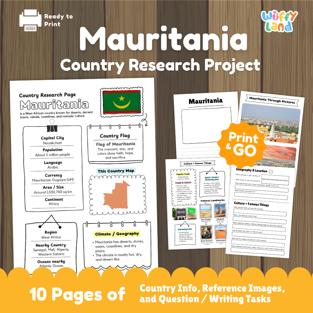 Student country research worksheet on Mauritania featuring national flag, Nouakchott capital facts, desert climate, and geography map