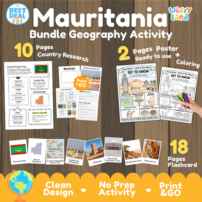 Mauritania geography activity bundle cover showing 10 country research pages, 2 ready to use coloring posters, and 18 photo flashcards