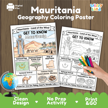 Mauritania Geography Coloring Poster and Fact Sheet Printable Worksheets