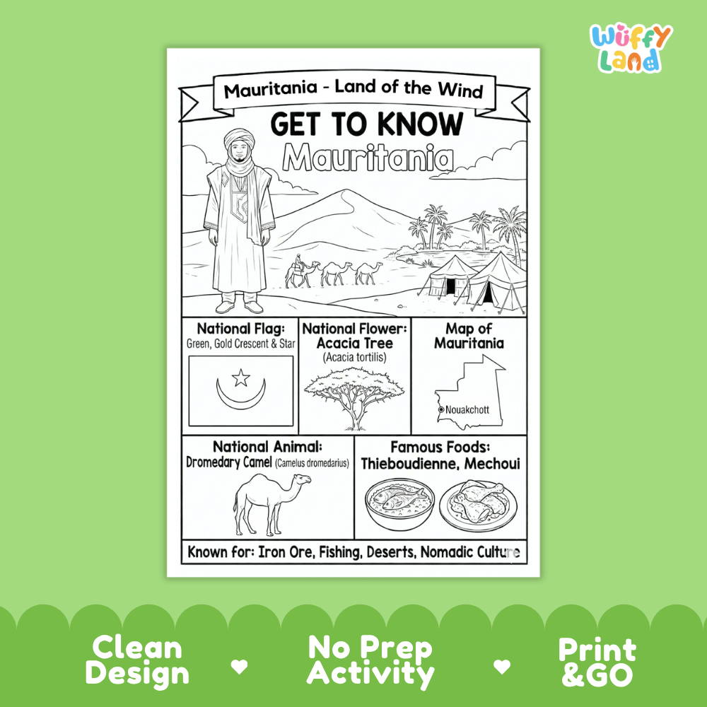 Mauritania Geography Coloring Poster and Fact Sheet Printable Worksheets