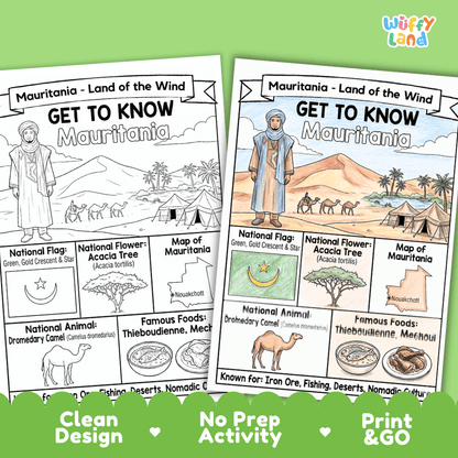 Mauritania Geography Coloring Poster and Fact Sheet Printable Worksheets
