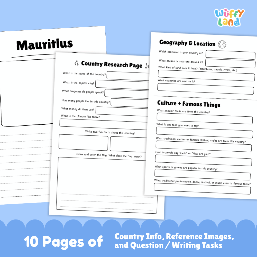 Mauritius Country Research Project Worksheets and Activity Pages