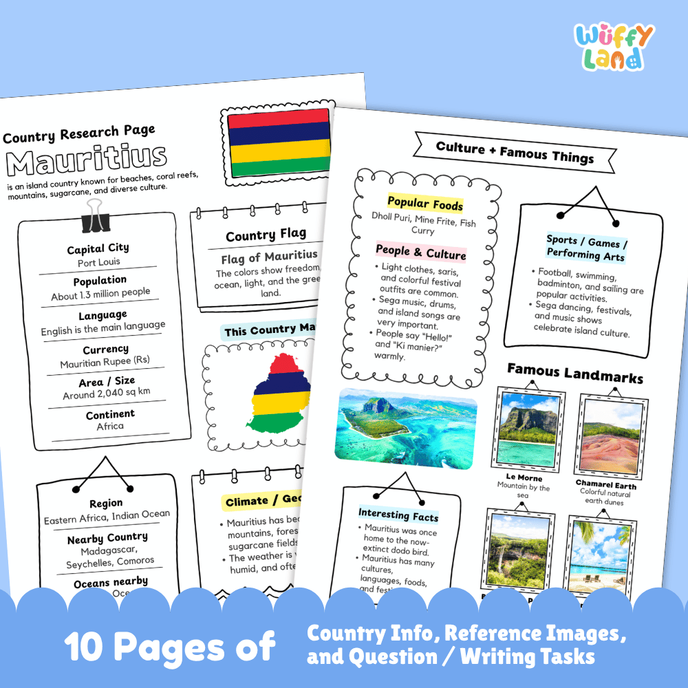Mauritius Country Research Project Worksheets and Activity Pages