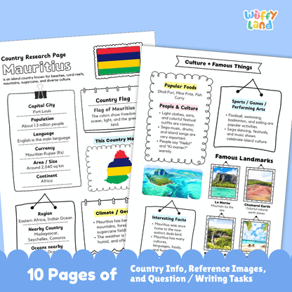 Mauritius Country Research Project Worksheets and Activity Pages