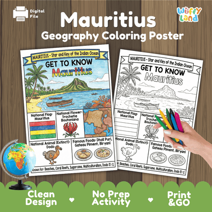 Mauritius Geography Coloring Poster and Fact Sheet Printable Worksheets