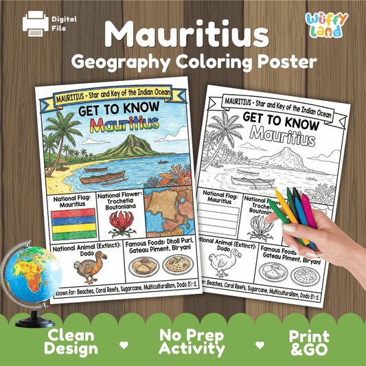 Mauritius Geography Coloring Poster and Fact Sheet Printable Worksheets