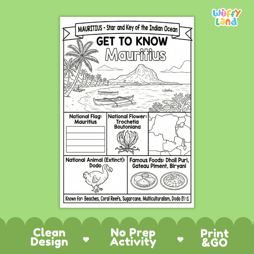 Mauritius Geography Coloring Poster and Fact Sheet Printable Worksheets