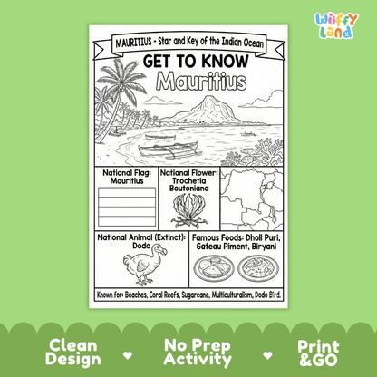 Mauritius Geography Coloring Poster and Fact Sheet Printable Worksheets