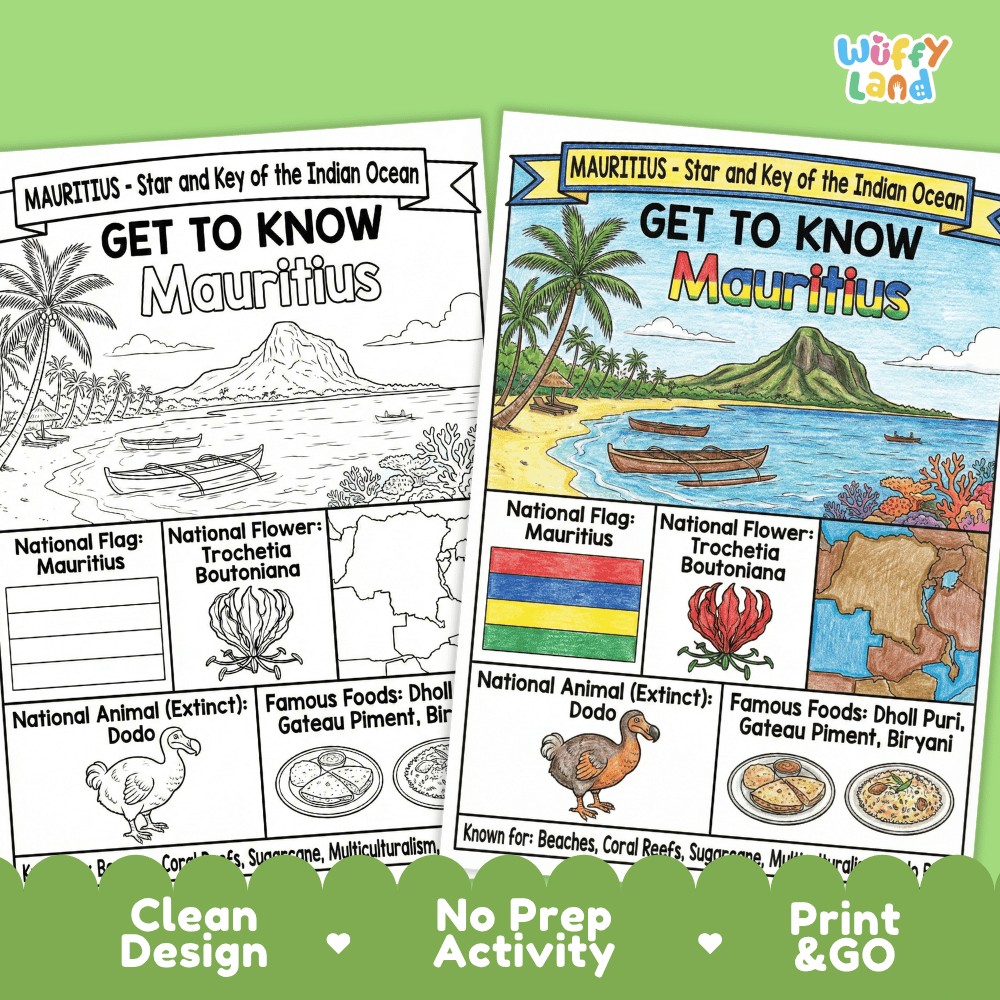 Mauritius Geography Coloring Poster and Fact Sheet Printable Worksheets