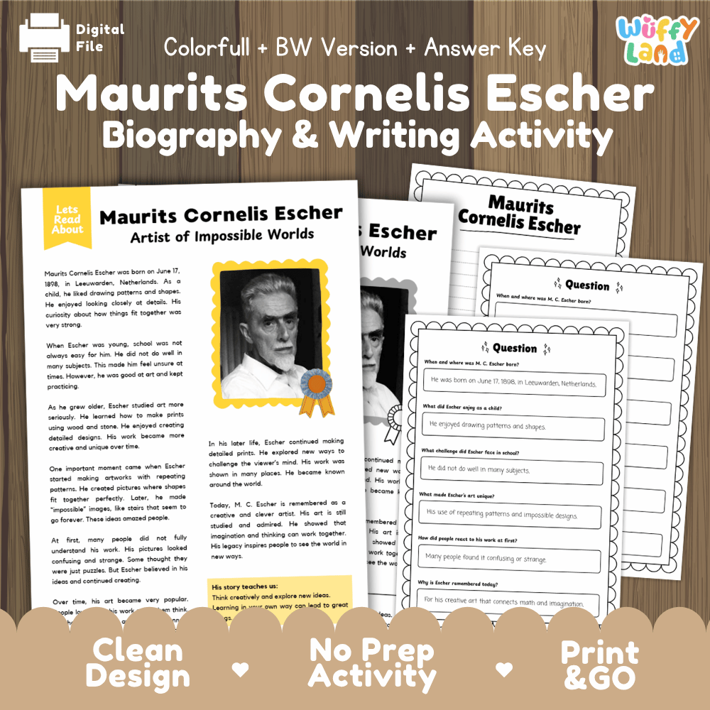 Maurits Cornelis Escher Biography Reading Passage and Writing Activity Worksheets