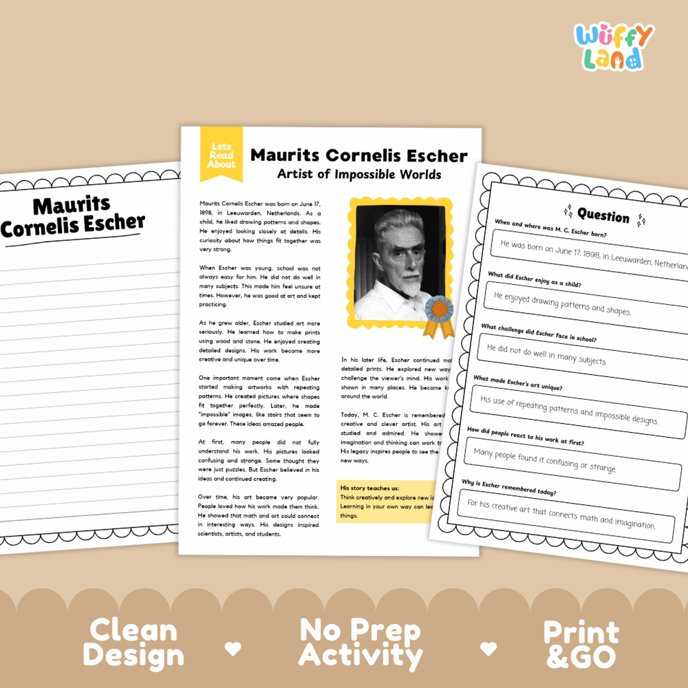Maurits Cornelis Escher Biography Reading Passage and Writing Activity Worksheets