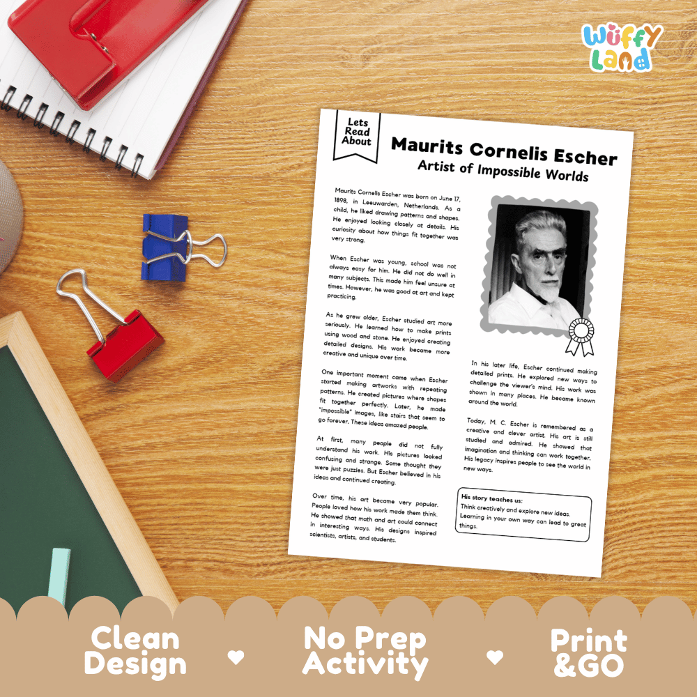 Maurits Cornelis Escher Biography Reading Passage and Writing Activity Worksheets