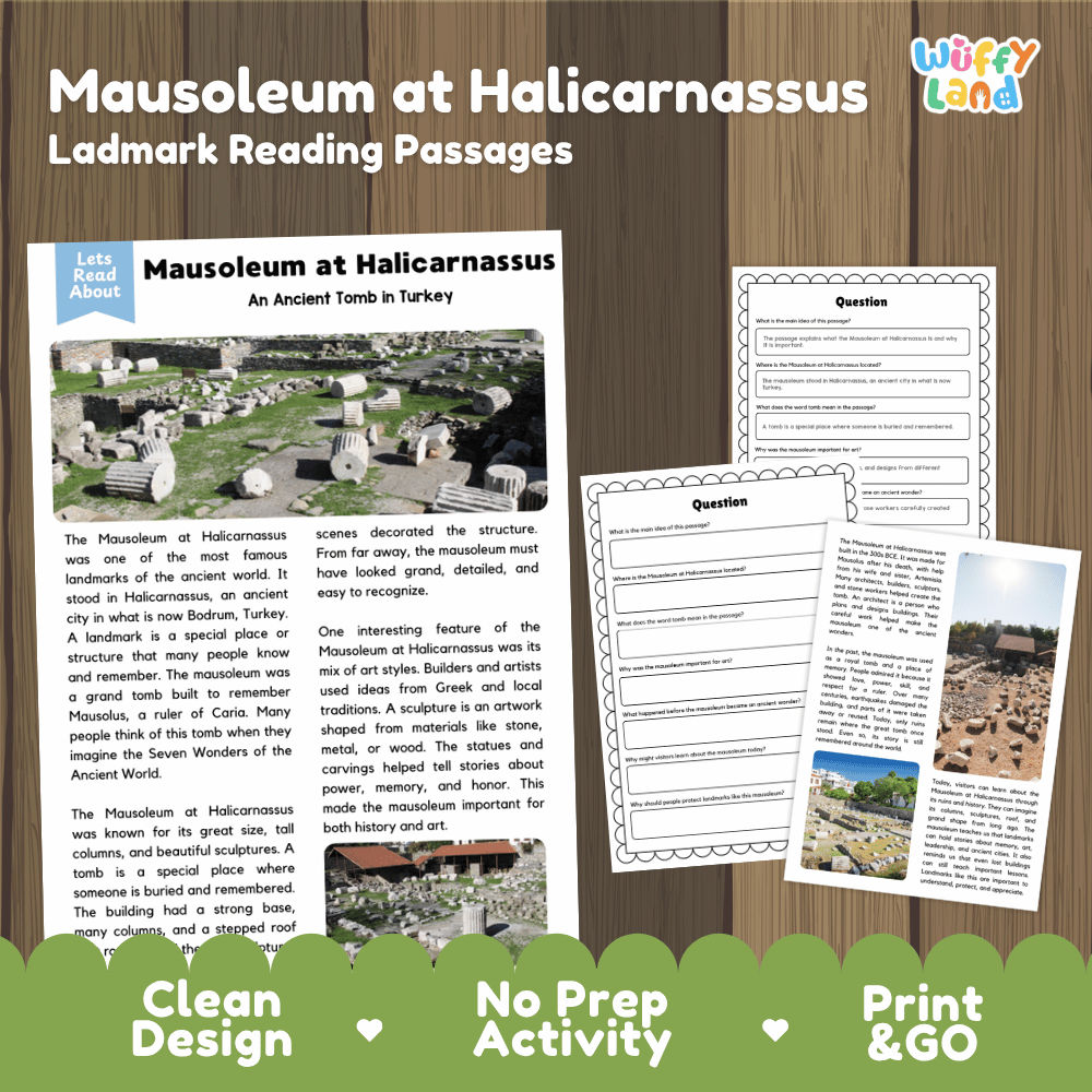 Mausoleum at Halicarnassus landmark reading passages educational study unit featuring nonfiction reading worksheets and authentic ancient Turkish ruins photography