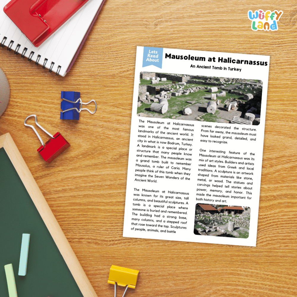 Lined reading comprehension question worksheet covering main ideas vocabulary terms and landmark facts about the Mausoleum at Halicarnassus