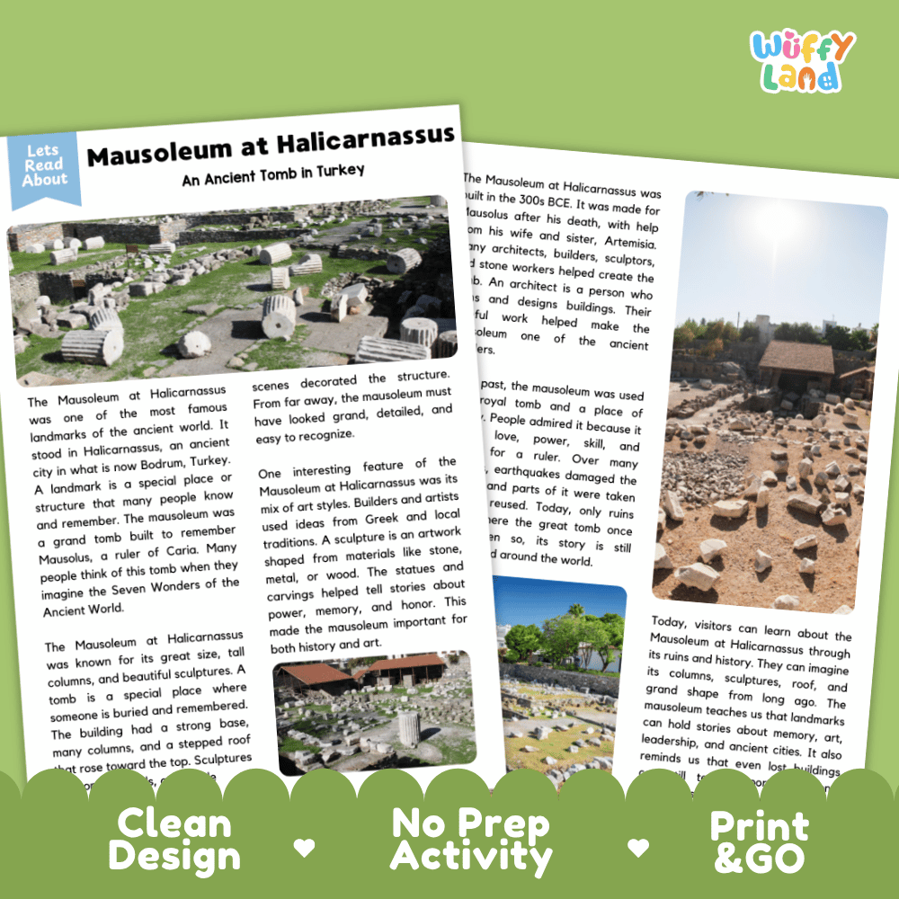 Reference sheet and answer key for Mausoleum at Halicarnassus landmark reading passage displaying completed comprehension answers and ancient world history facts