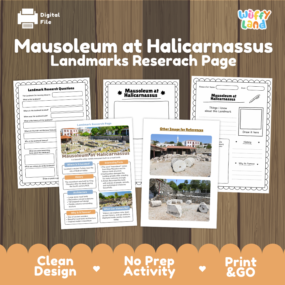 Digital educational activity sheet set about the Mausoleum at Halicarnassus, shown on a wood background with product title text and feature badges. The set includes printable worksheets and a reference page.