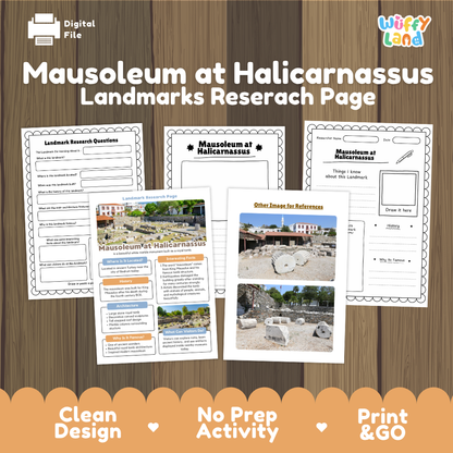 Digital educational activity sheet set about the Mausoleum at Halicarnassus, shown on a wood background with product title text and feature badges. The set includes printable worksheets and a reference page.