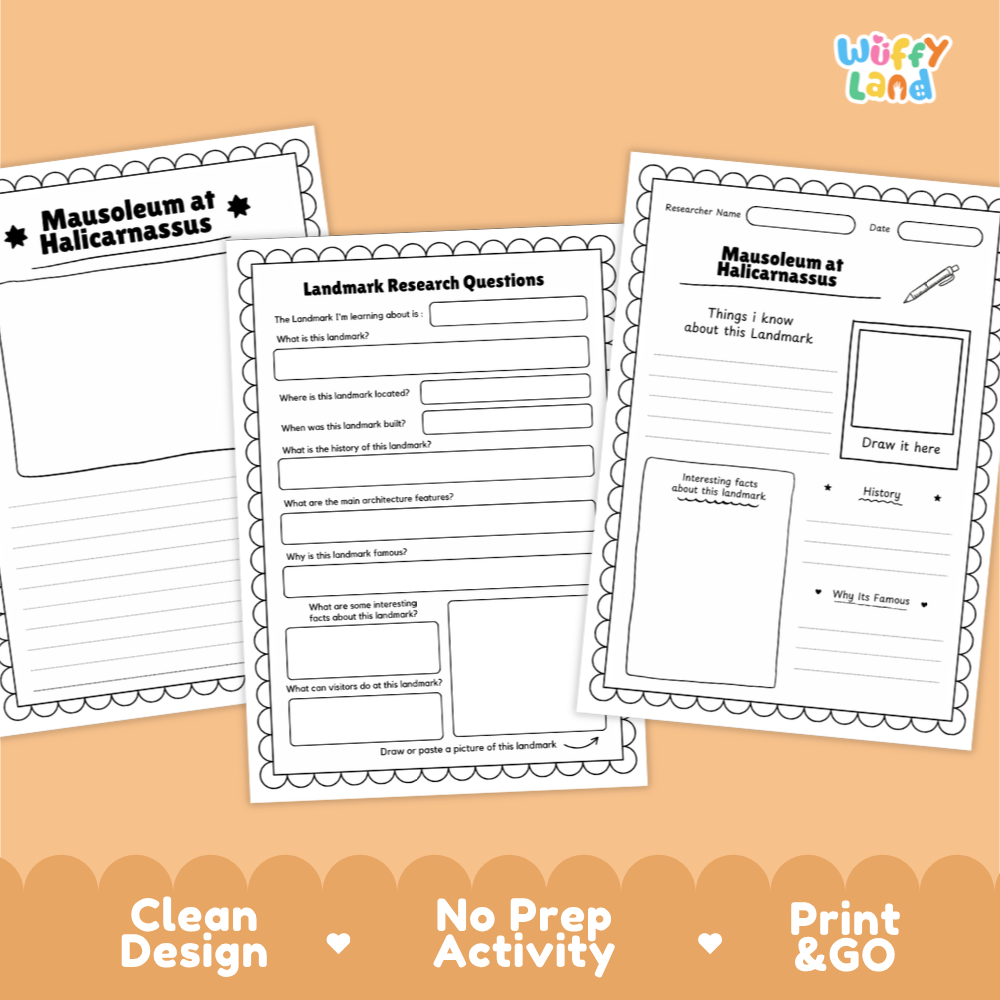 Three printable worksheet pages for a Halicarnassus landmarker activity are shown on an orange background. The pages include writing prompts, labeled sections, and drawing areas.