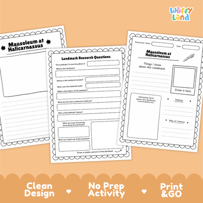 Three printable worksheet pages for a Halicarnassus landmarker activity are shown on an orange background. The pages include writing prompts, labeled sections, and drawing areas.