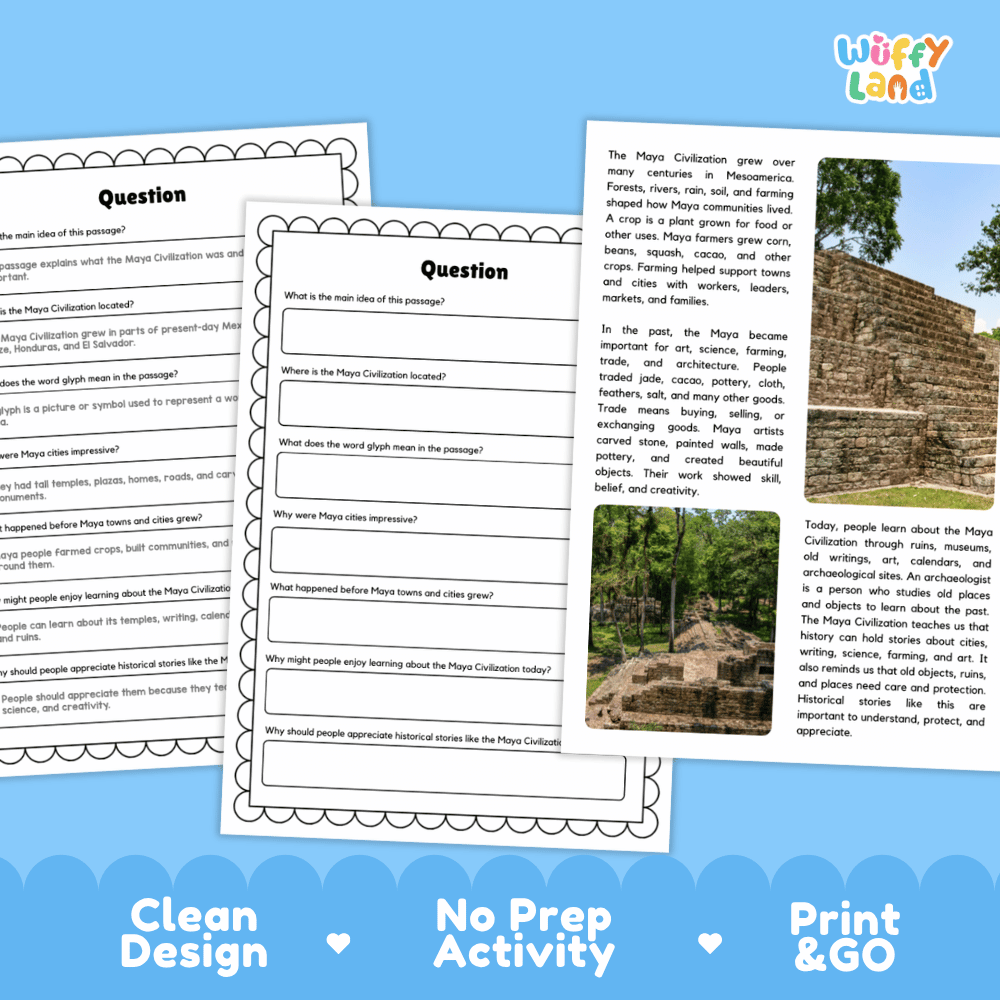 Student reading passage titled An Ancient Civilization in Mesoamerica detailing Maya history stone temples hieroglyphic glyphs and rainforest archaeology photography