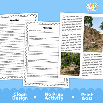 Student reading passage titled An Ancient Civilization in Mesoamerica detailing Maya history stone temples hieroglyphic glyphs and rainforest archaeology photography