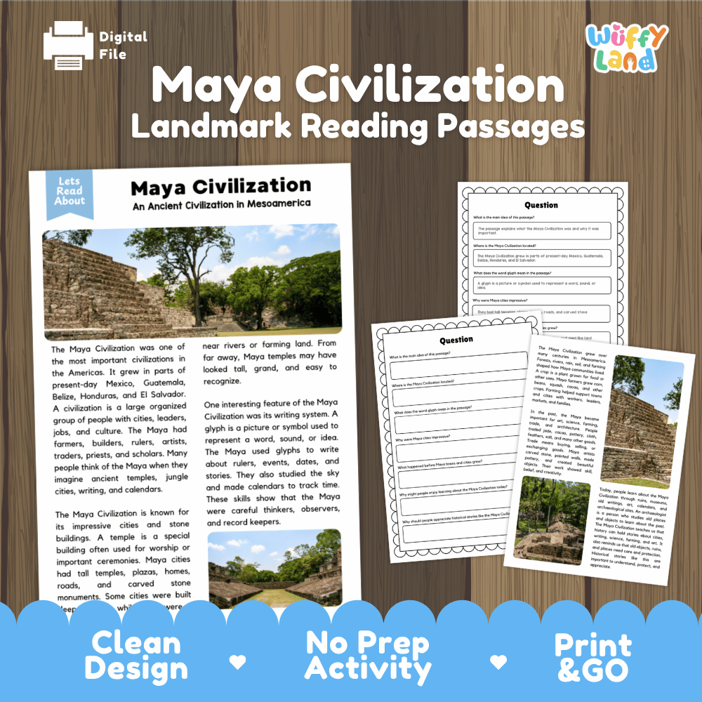 Maya Civilization landmark reading passage and comprehension worksheet educational unit featuring nonfiction text and authentic Mesoamerican stone pyramid photography