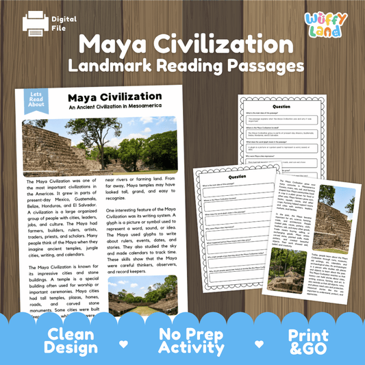 Maya Civilization landmark reading passage and comprehension worksheet educational unit featuring nonfiction text and authentic Mesoamerican stone pyramid photography