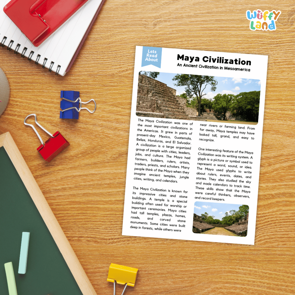 Lined reading comprehension question worksheet covering main ideas vocabulary terms and ancient Maya civilization facts