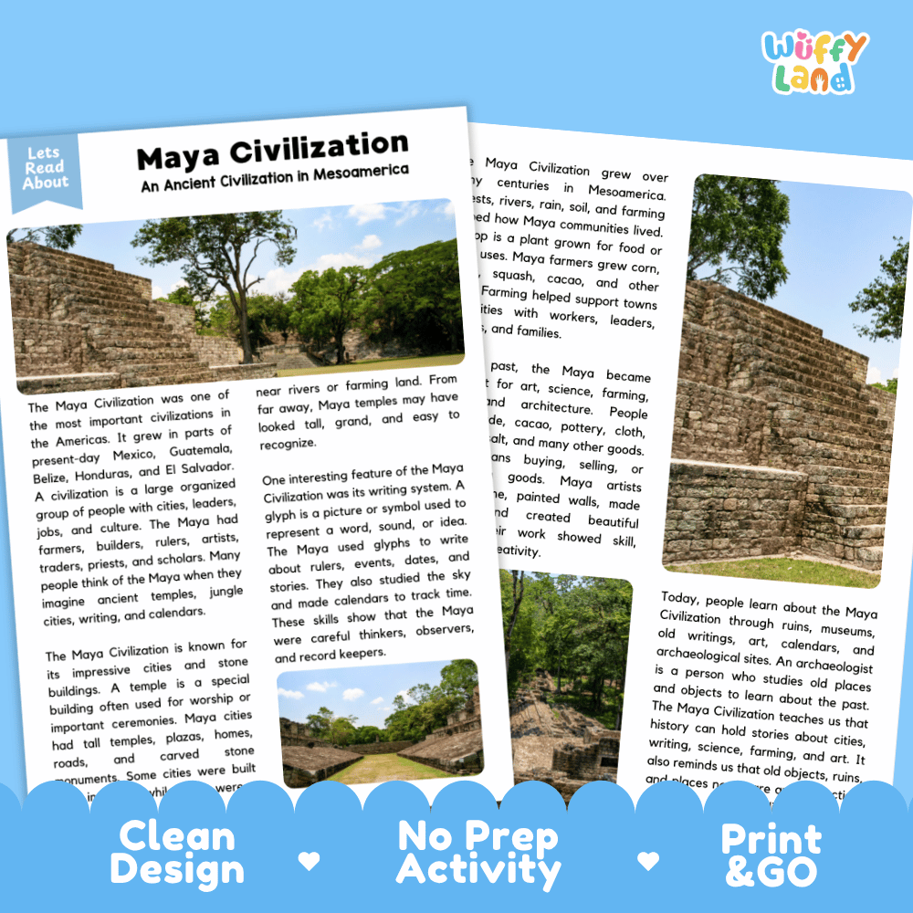 Reference sheet and answer key for Maya Civilization reading passage displaying completed comprehension answers and ancient Mesoamerican history facts