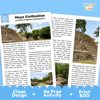 Reference sheet and answer key for Maya Civilization reading passage displaying completed comprehension answers and ancient Mesoamerican history facts