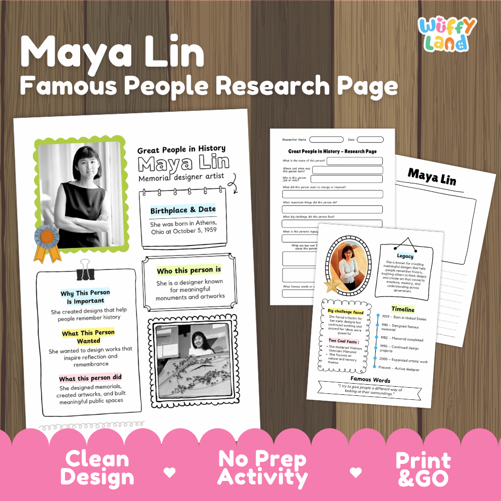 Maya Lin biography research worksheets pack featuring graphic organizers, timeline activity, and student writing template