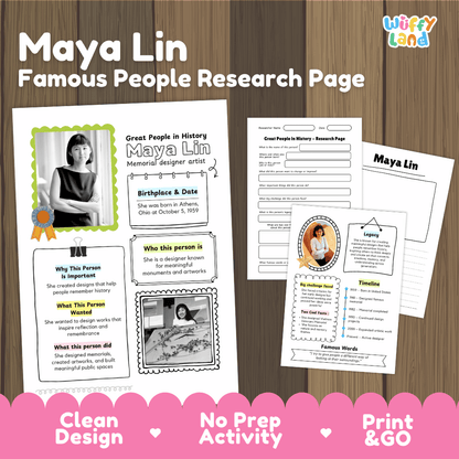 Maya Lin biography research worksheets pack featuring graphic organizers, timeline activity, and student writing template
