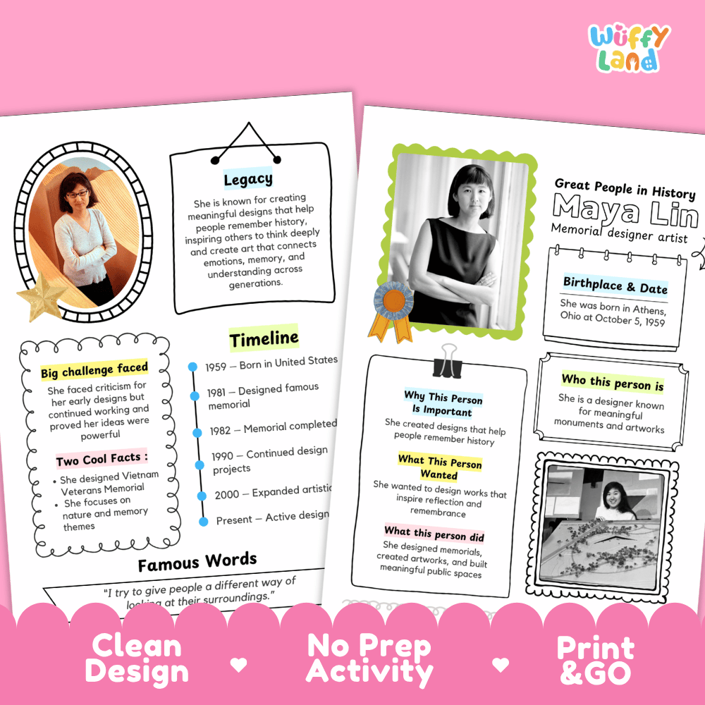 Educational biography summary worksheet featuring a chronological timeline, famous quote, and lined student writing page