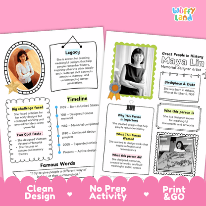 Educational biography summary worksheet featuring a chronological timeline, famous quote, and lined student writing page